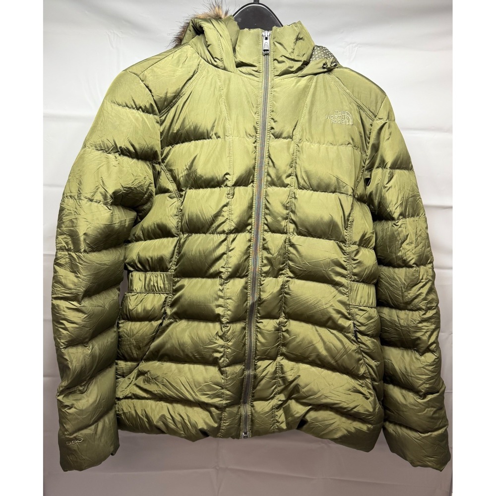 The North Face Womens Gotham Down Jacket L Large Olive Green Fur Hood Puffer F16
